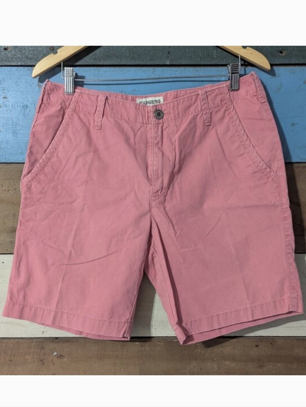 Express Flat Front Chino Shorts Men's 31 Pink-Coral Cotton Slash Pocket 9"     E